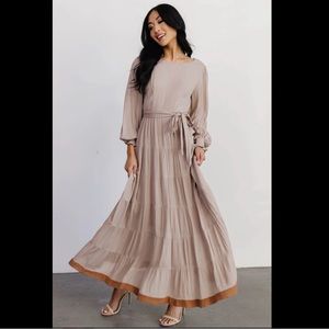 NWOT Baltic Born Colbie Tiered Maxi Dress, Long Sleeves, Belt, Taupe with Brown